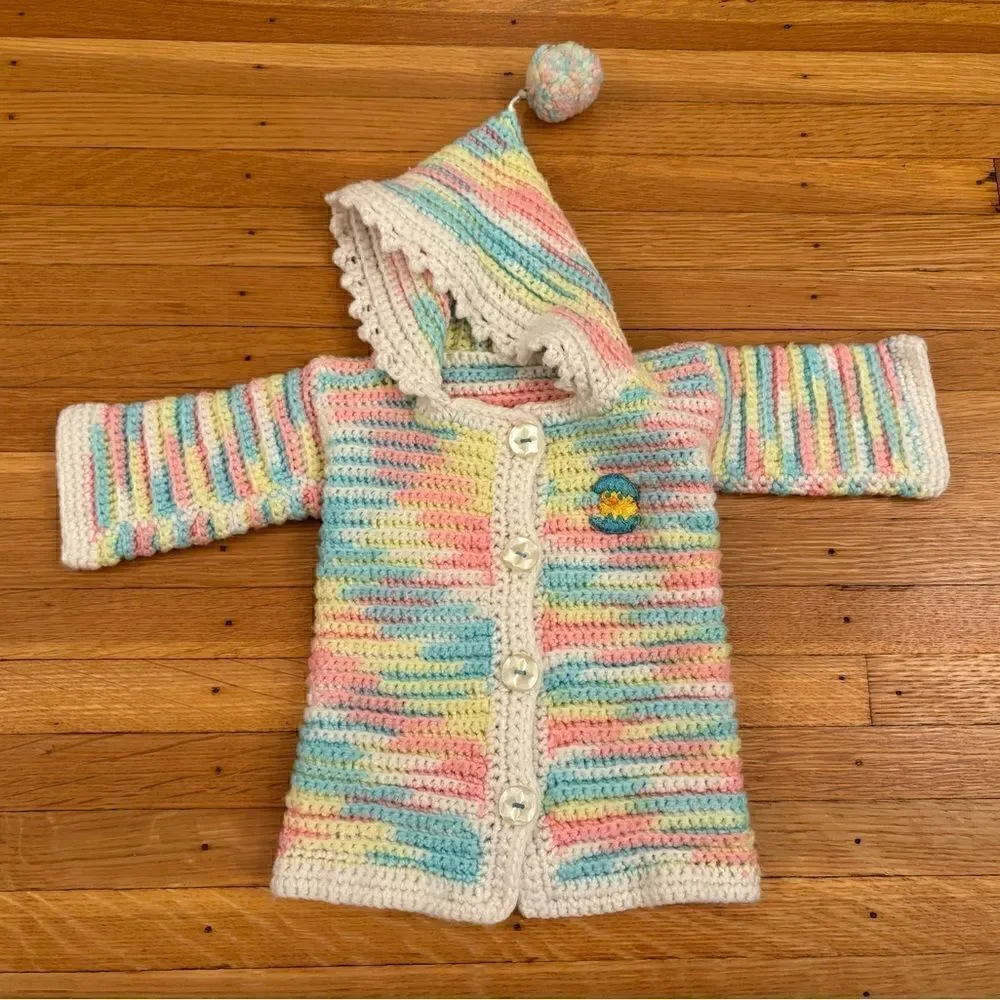 Vintage Crochet  Rainbow Pastel Stripe Easter Chick in Egg Hooded Cardigan